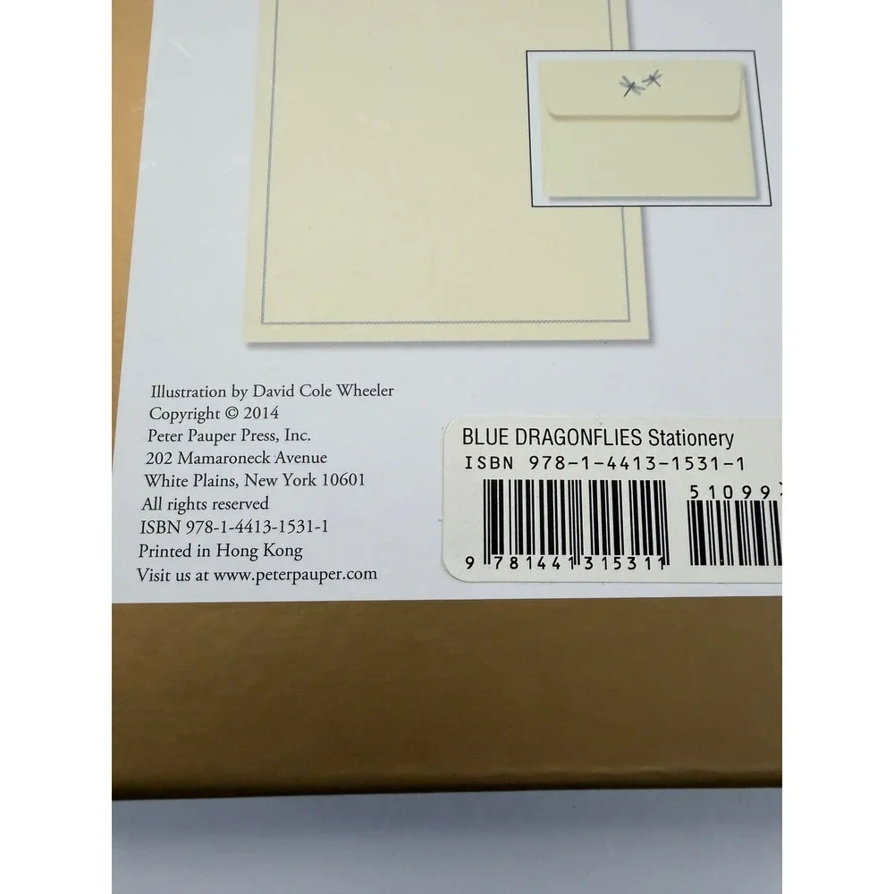 New Peter Pauper Press Stationery Set Cream Blue Dragonfly Motif Gold Foil
